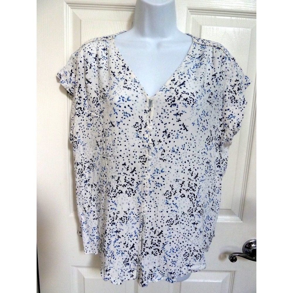 Liz Claiborne Plus Sz XXL Gauzy Button Up Blouse Cap Sleeve Floral Blue White